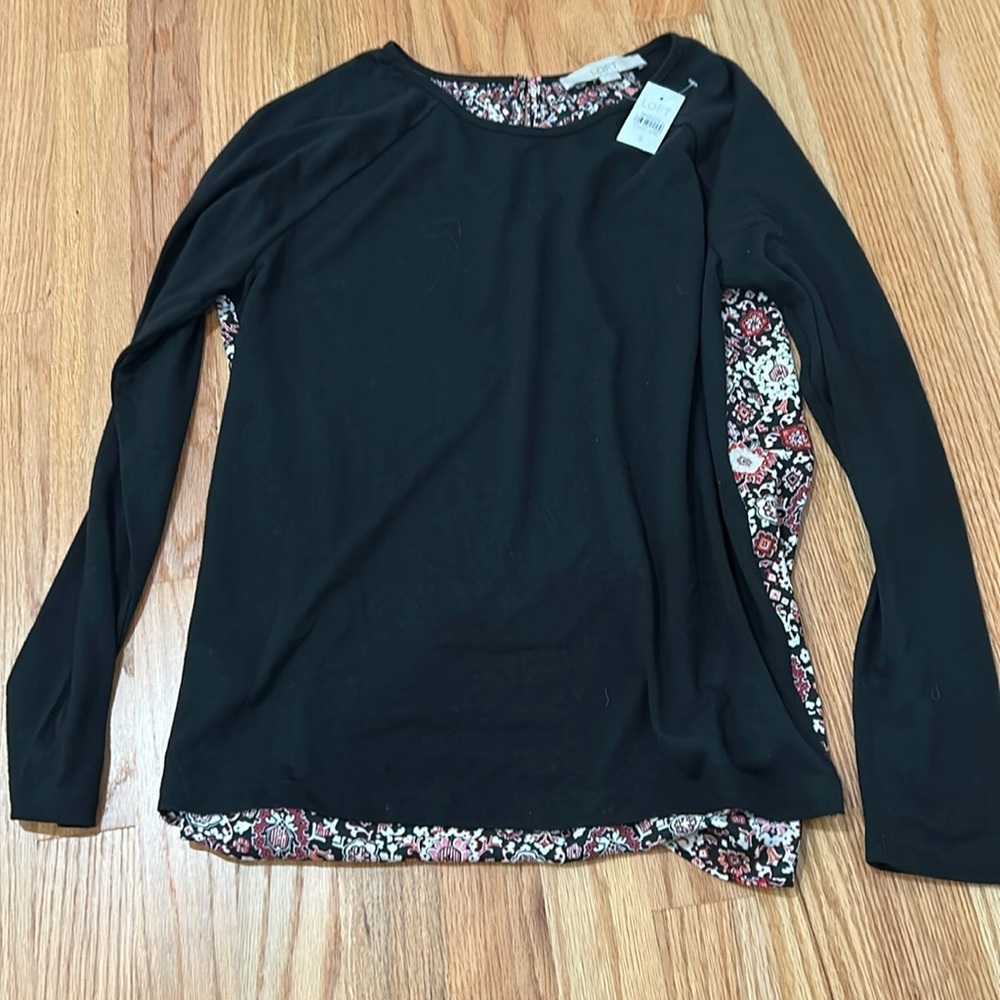 NEW NWT LOFT Small floral blouse top long sleeve shirt black with flowers​